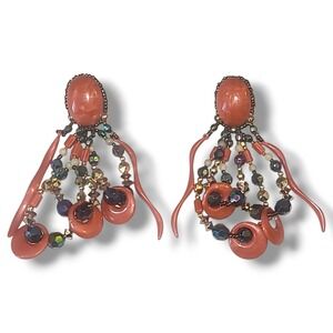 Vintage 80s Chipita Big Coral Beaded Dangle Earrings Pierced Chandelier Boho